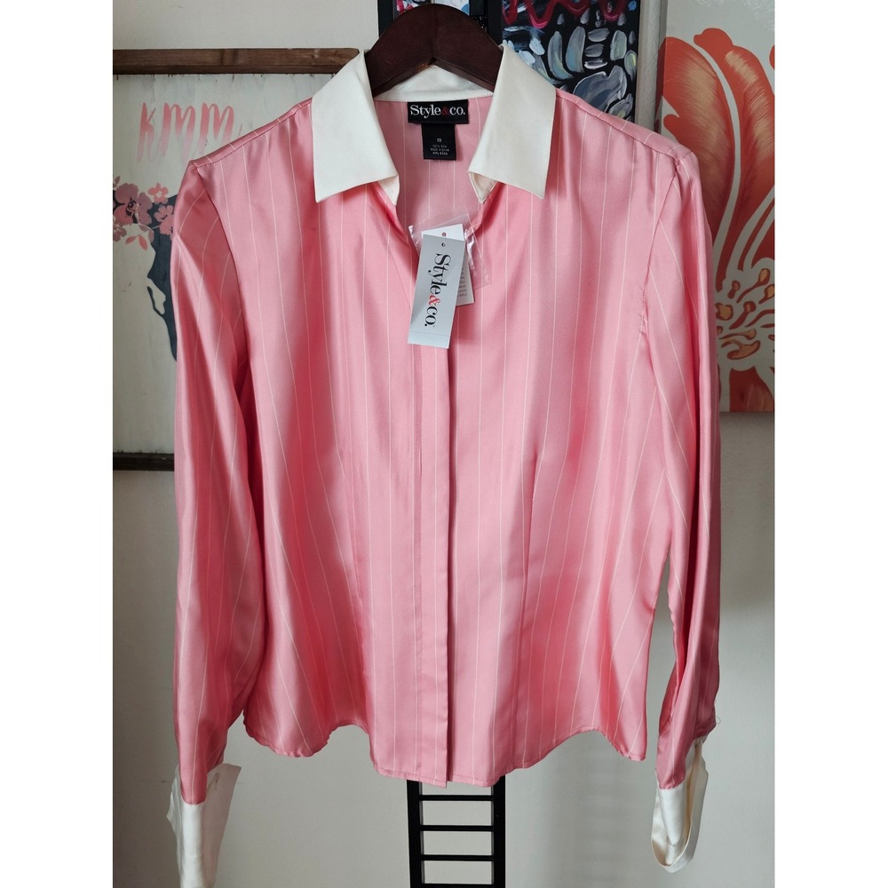 Style & Co Womens Pink Silk Striped Blouse Contrast Collar Cuffs Size 10 NEW